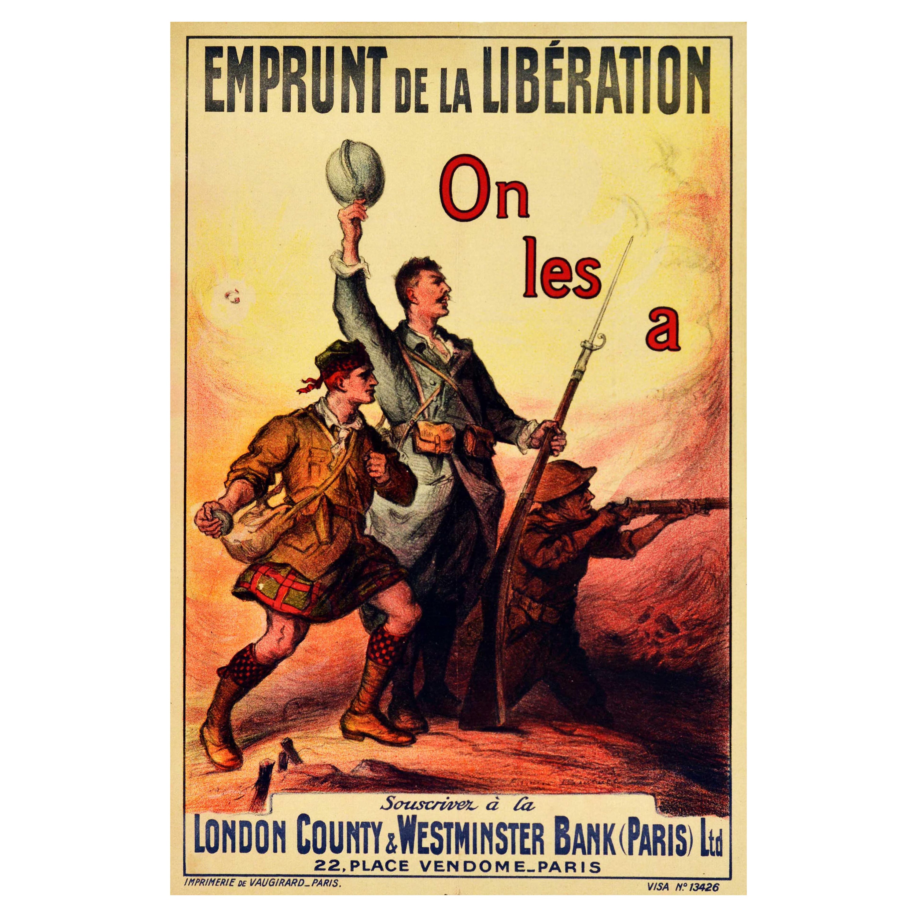 Affiche originale ancienne de la Première Guerre mondiale Emprunt de la Liberation, Emprunt de la Liberation, Emprunt de fiançailles, Art militaire