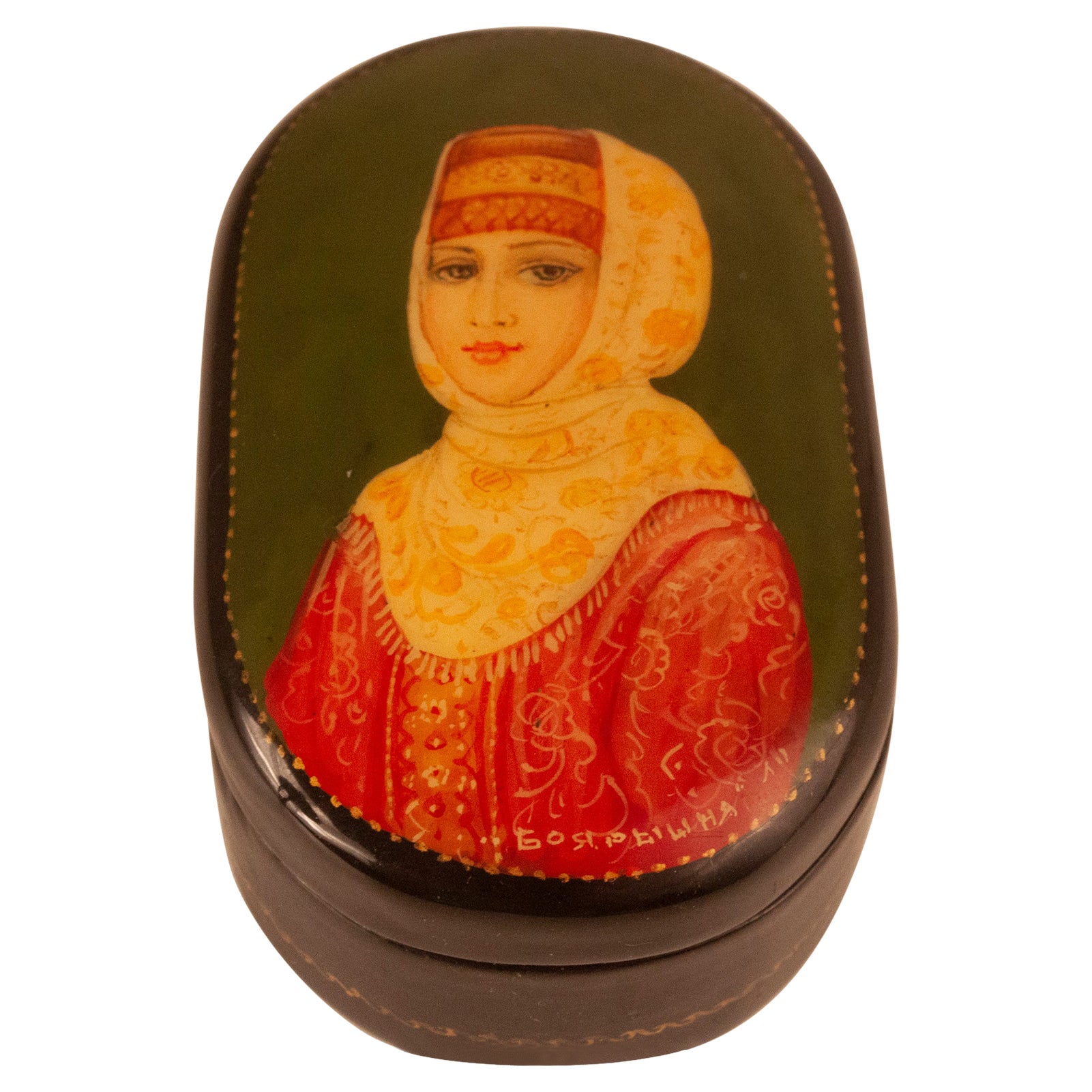 Fine Russian Palekh Lacquered Lidded Box Hand Painted Signed For Sale