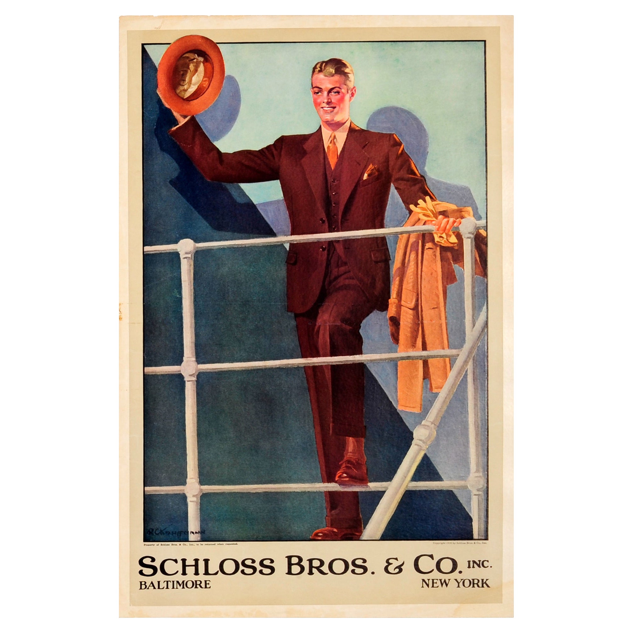 Original Vintage Men's Fashion Poster Schloss Bros & Co Baltimore New York Style For Sale