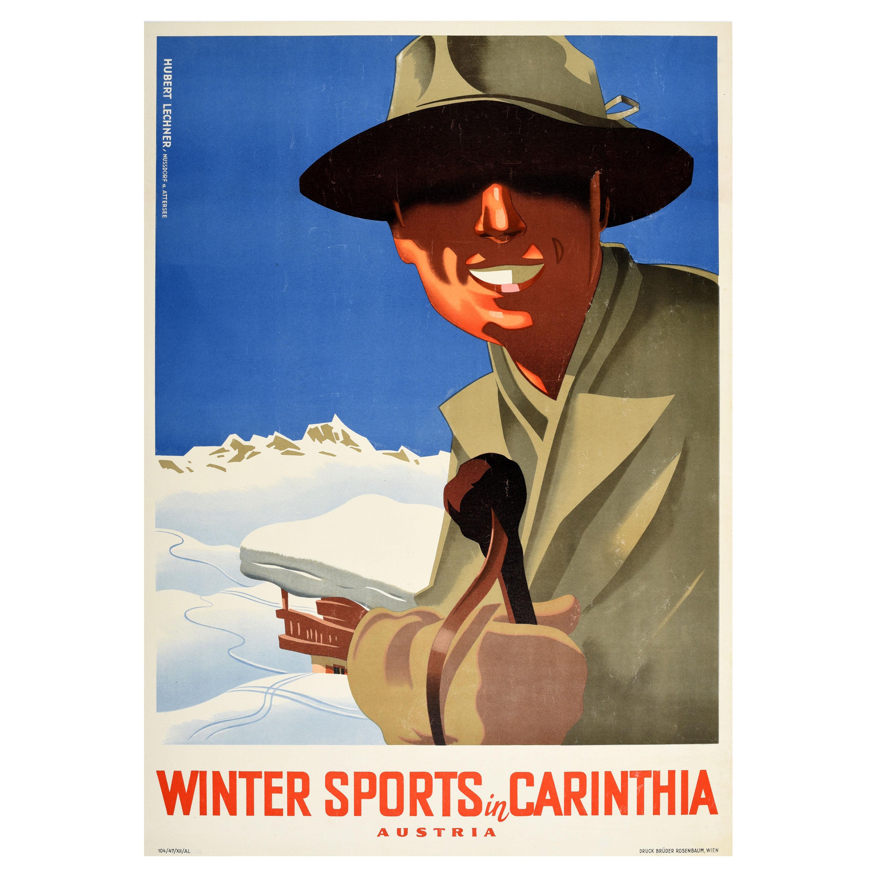 Poster sciistico originale d'epoca Sport invernali Carinzia Austria Sciatore vista montagna