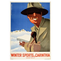 Original Vintage Ski Poster Winter Sports Carinthia Austria Skier Mountain View