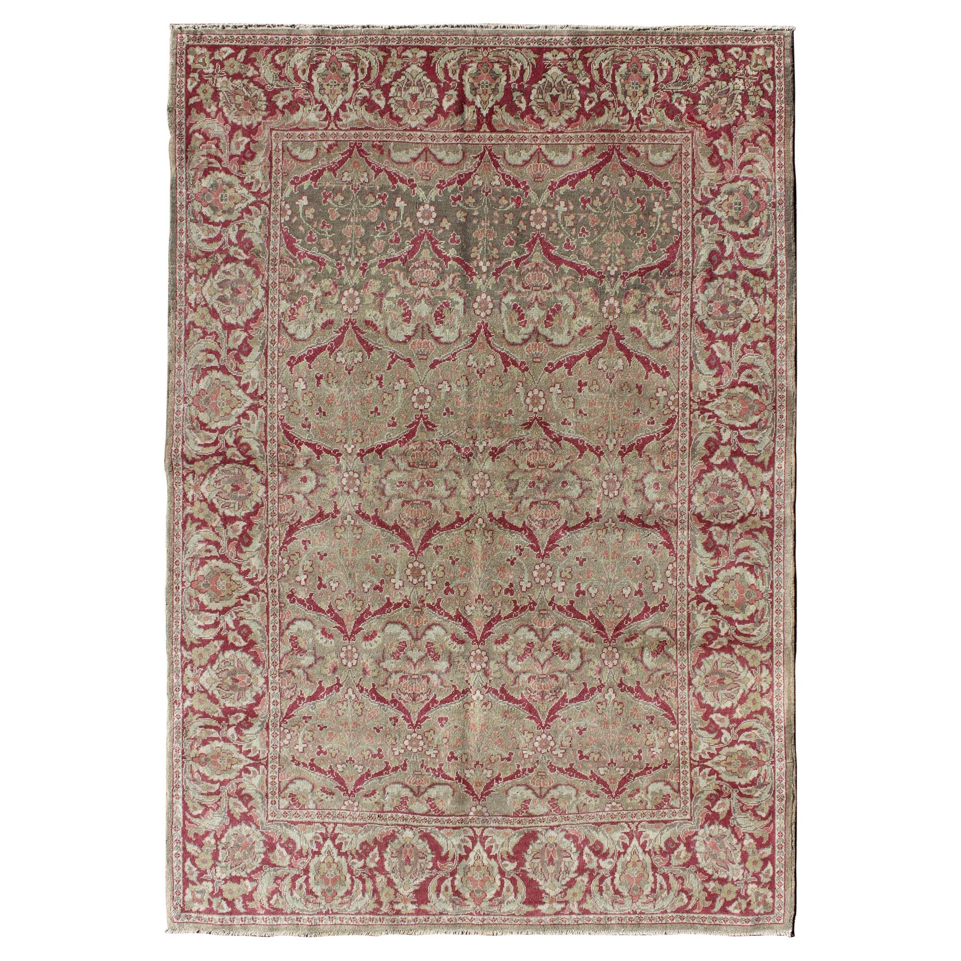 Vintage Turkish Sivas Rug in Burgundy Red, Cream, & Taupe with All-Over Design
