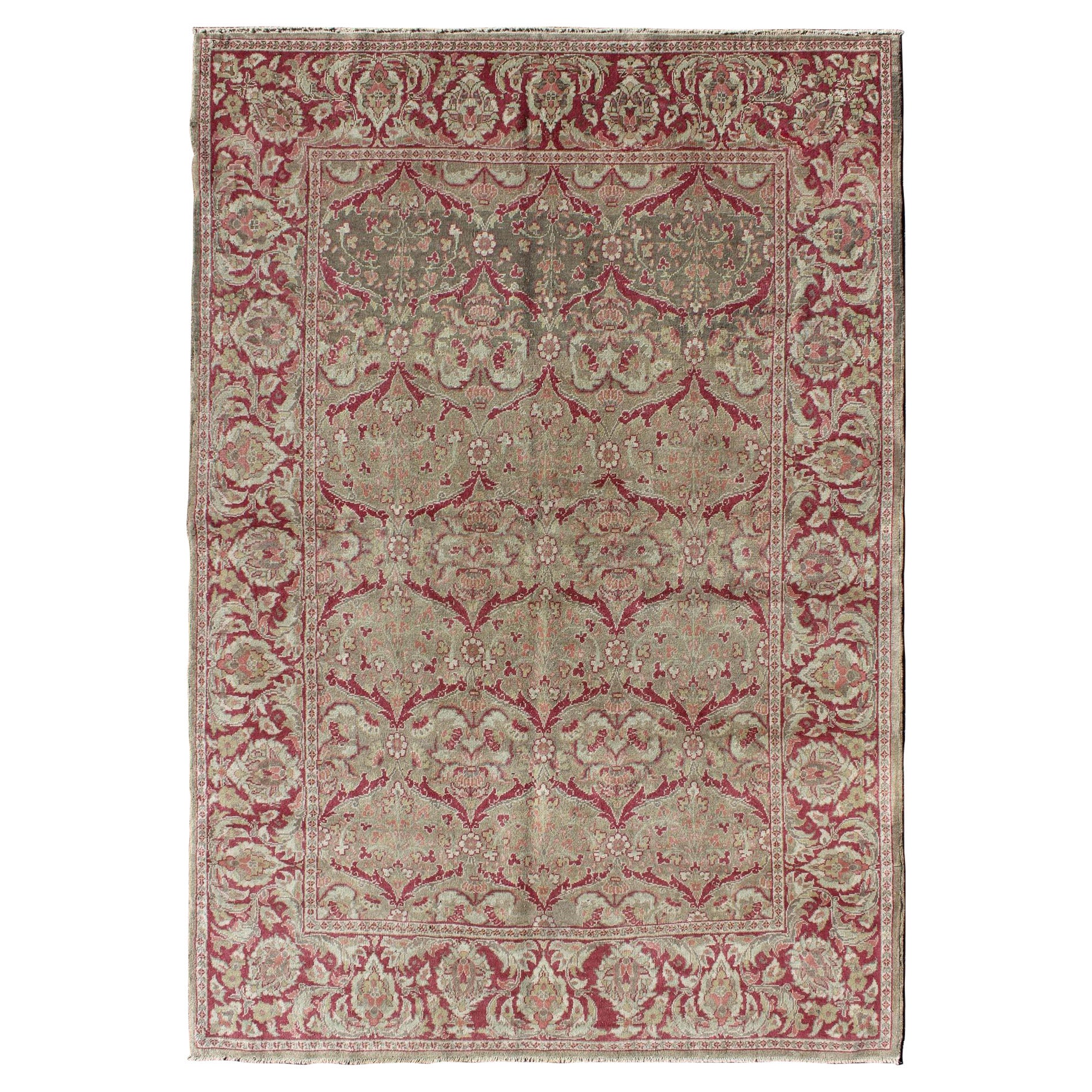 Alfombra turca antigua de Sivas con diseño arabesco integral  5' x 7'7''
