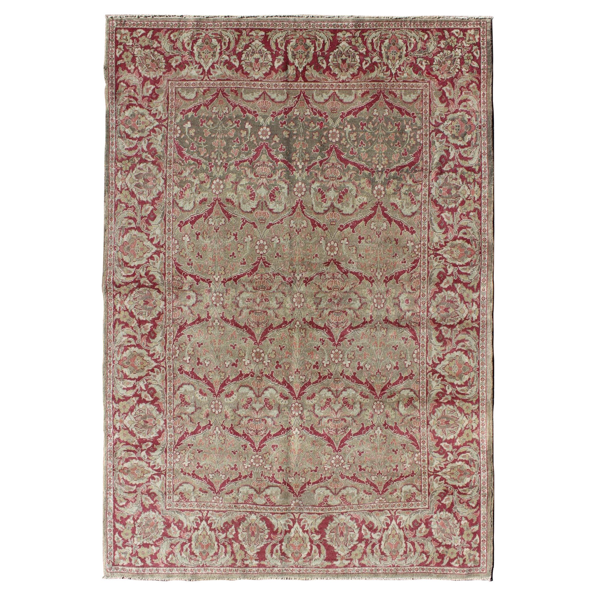 Tapis turc Sivas vintage rouge bourgogne, crème et taupe avec motif sur toute sa surface