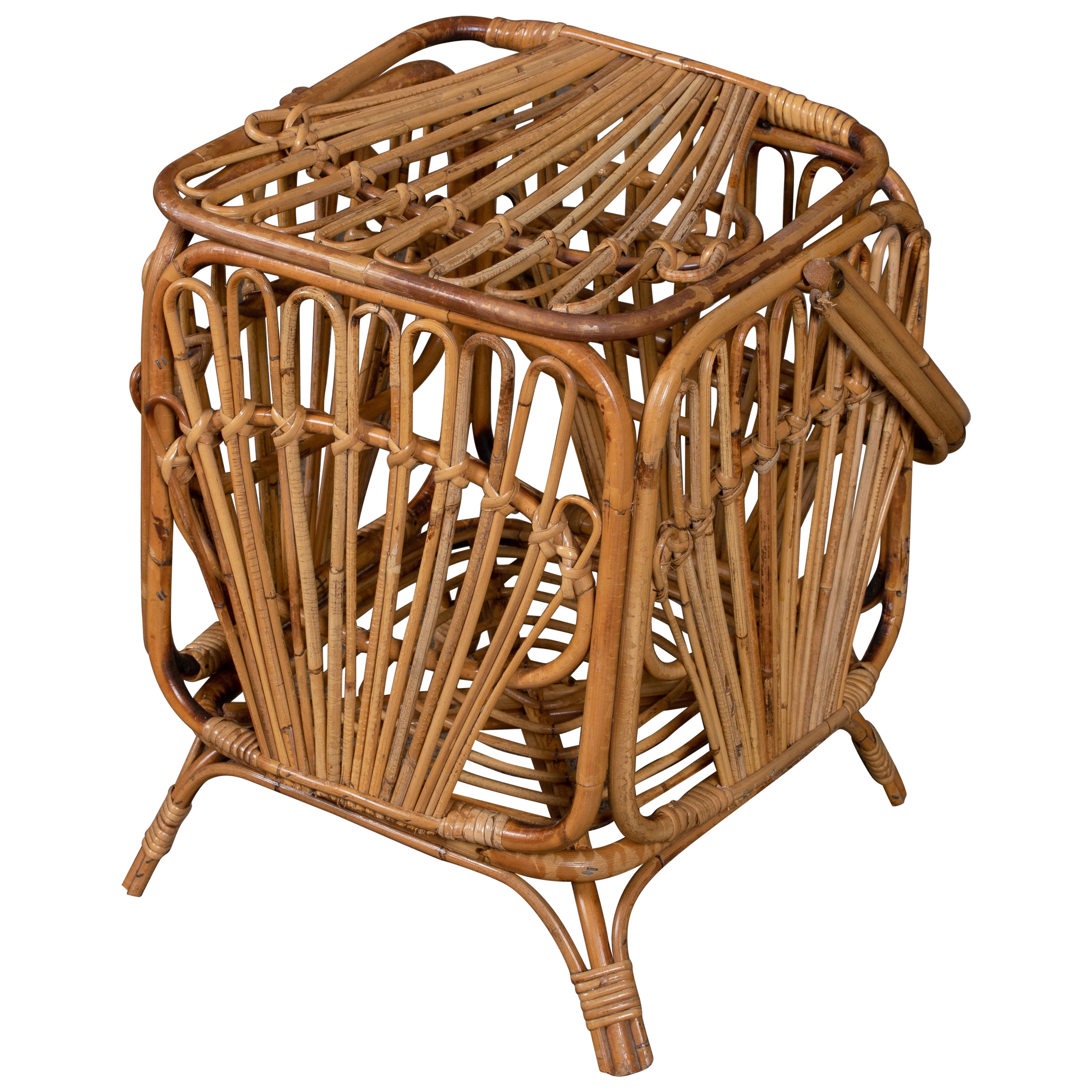 Italian Bamboo Rattan Bohemian Basket Container, 1960s For Sale