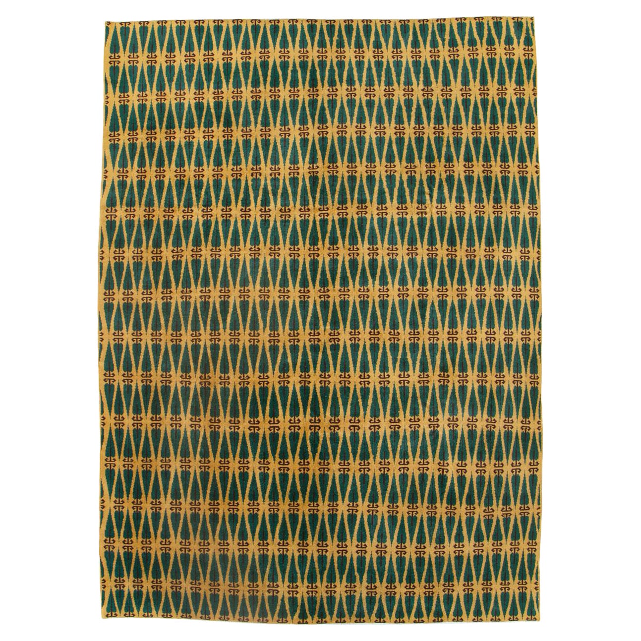 Tapis Art Déco turc vert et or, fait à la main, taille d'une pièce, milieu du 20e siècle