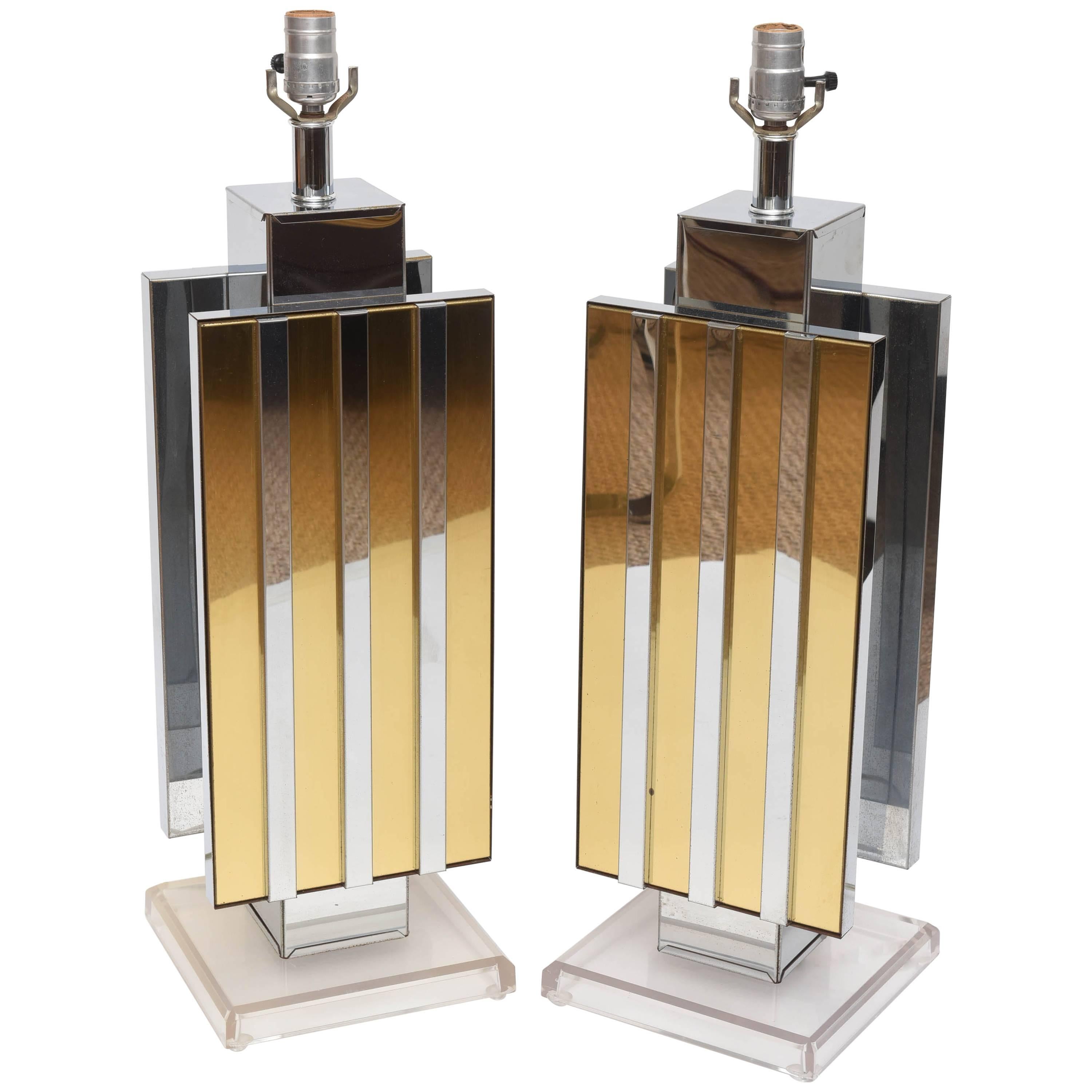 Pair of Lucite Brass and Mirrored Chrome Table Lamps