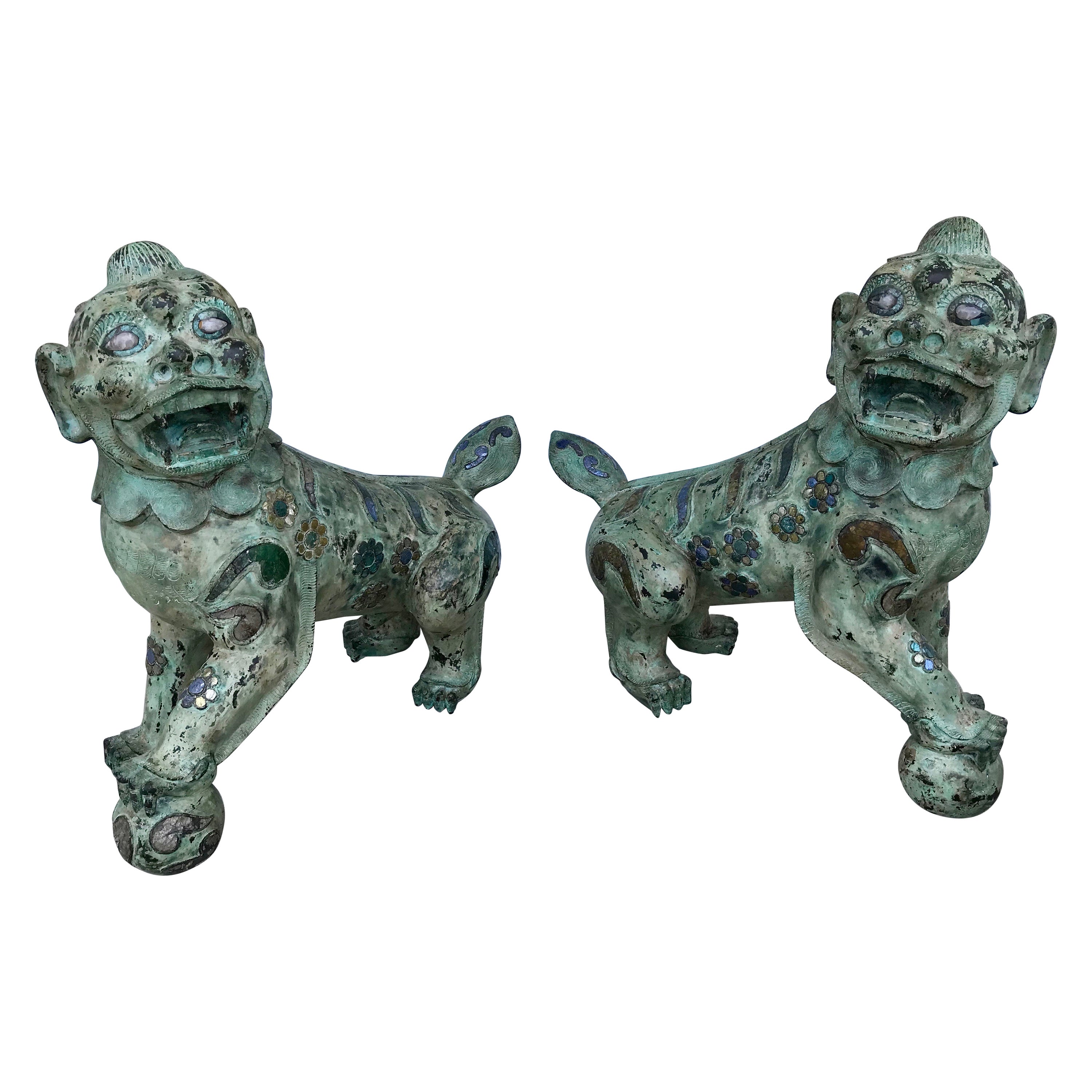 Pair of Enormous Bronze Foo Dogs with Inlays For Sale