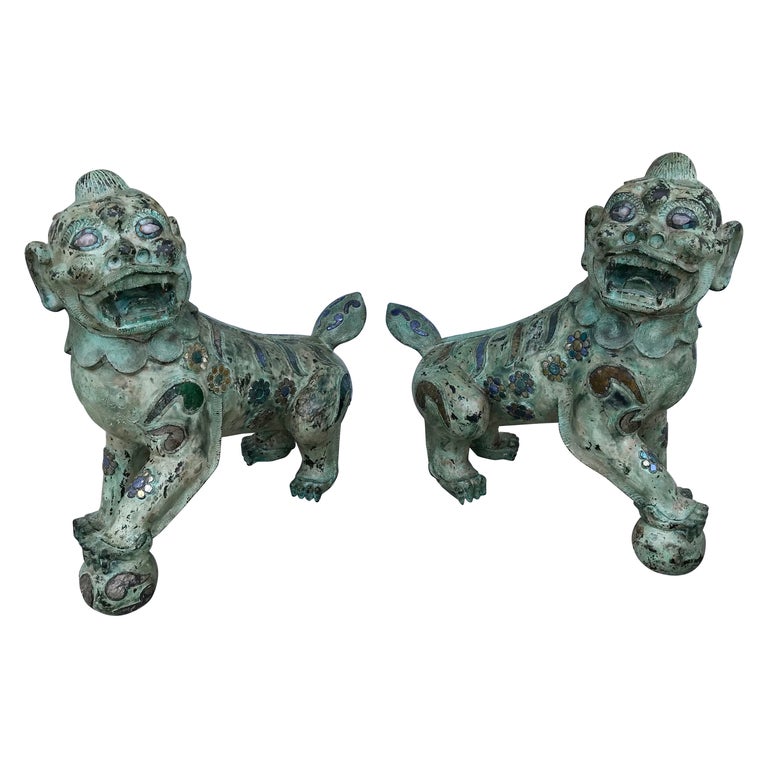 Pair of Enormous Bronze Foo Dogs with Inlays For Sale at 1stDibs