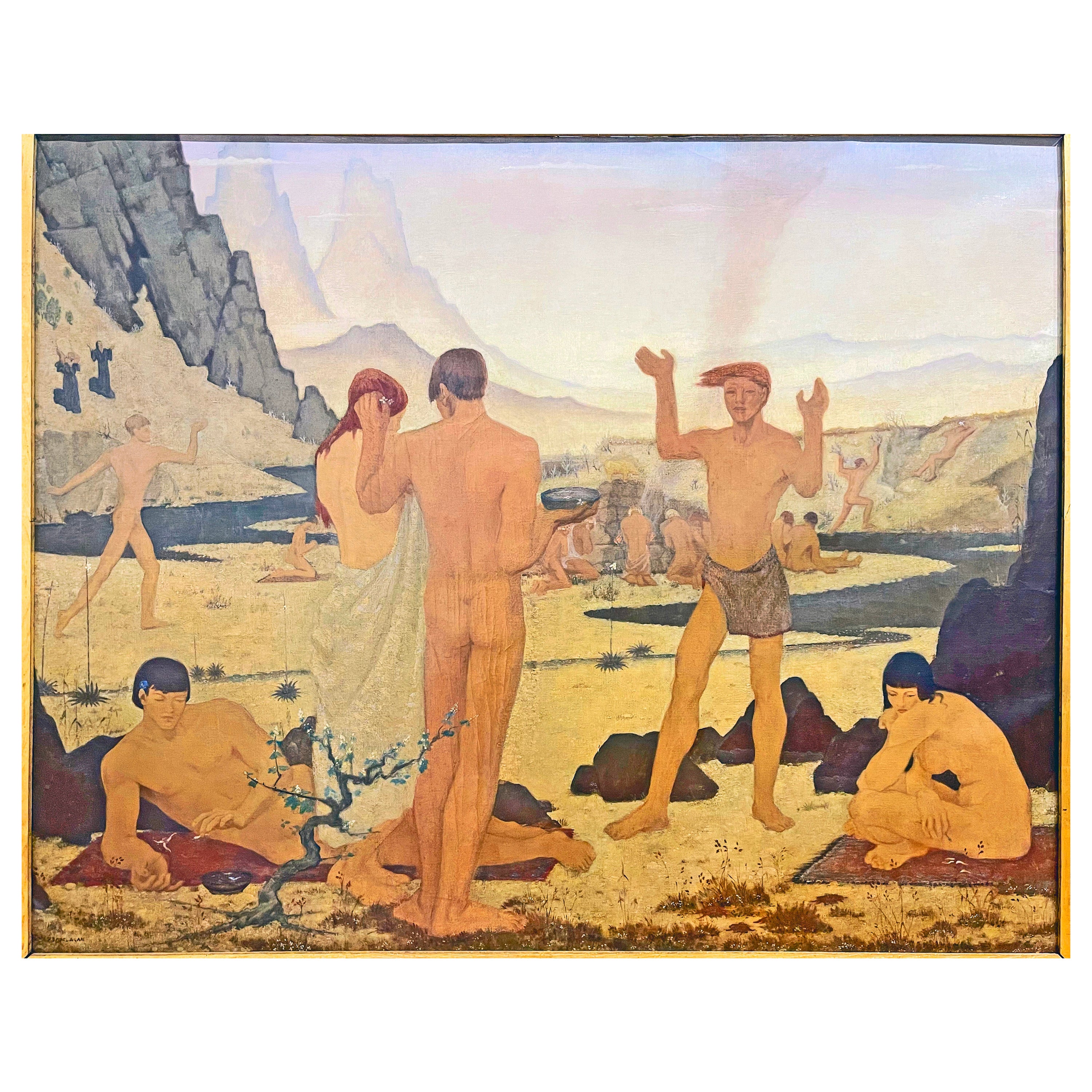 "The Golden Hour, " Monumental Painting with Utopian Scene, Multiple Male Nudes