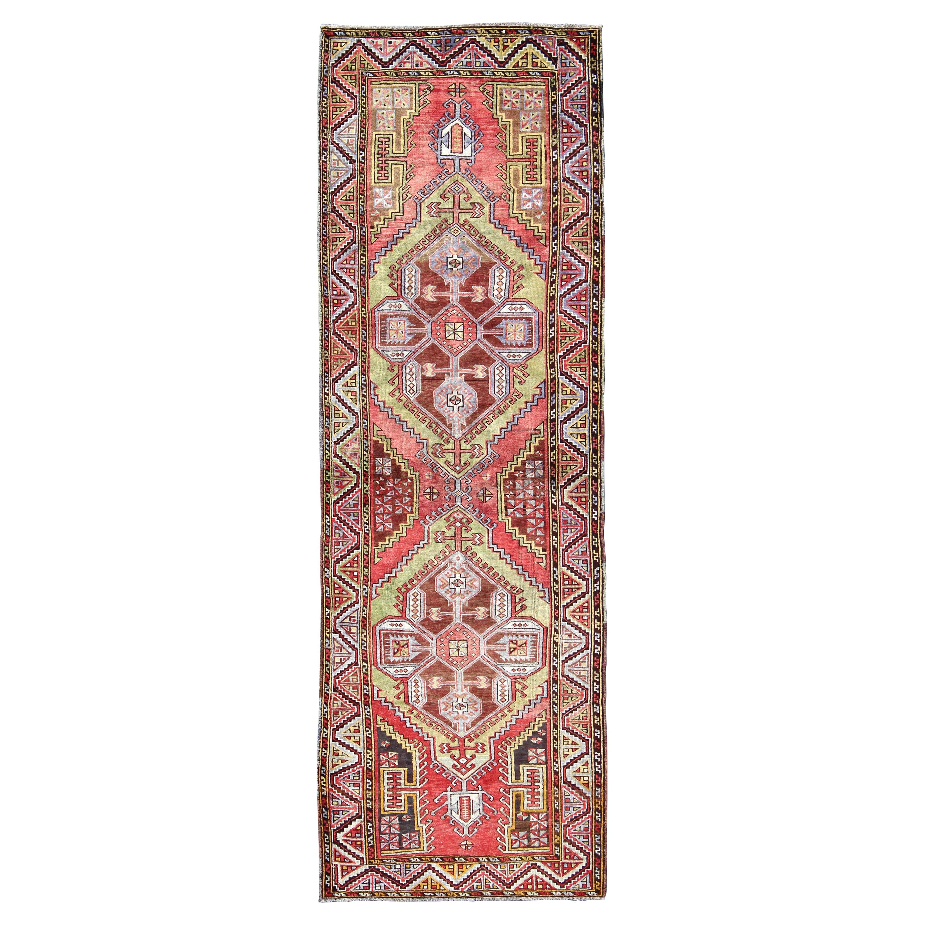 Vintage Turkish Medallion Runner with Large Medallions in Rose Red, Yellow Green For Sale