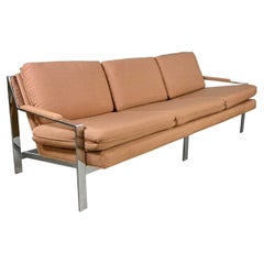 Modern Chrome & Cocoa Brown Gaberdine Fabric Sofa by Flair Inc. Style of Cy Mann