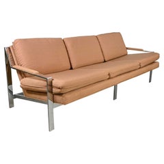 Retro Modern Chrome & Cocoa Brown Gaberdine Fabric Sofa by Flair Inc. Style of Cy Mann