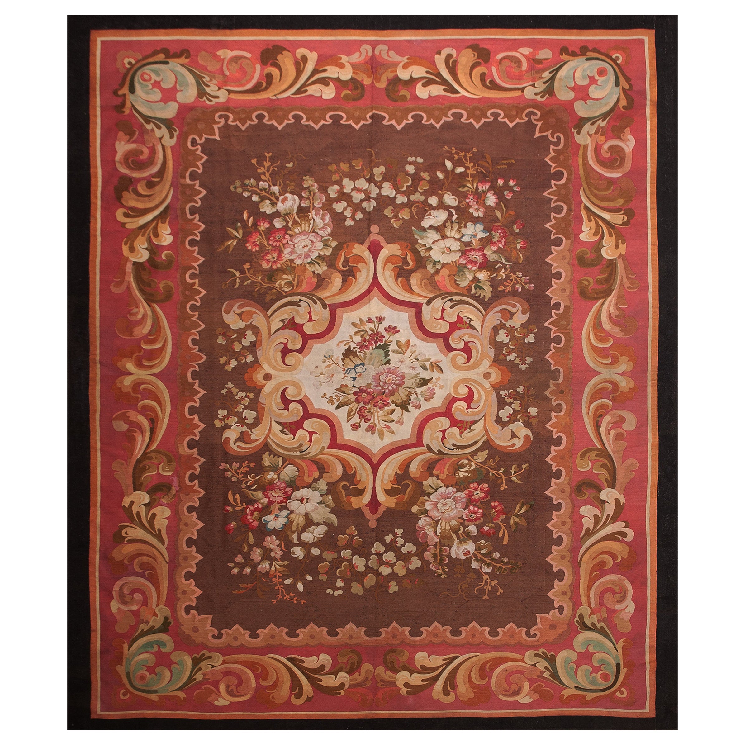 Large Antique French Aubusson Rug Handwoven Rug Pre-1900 10x12 Brown France For Sale