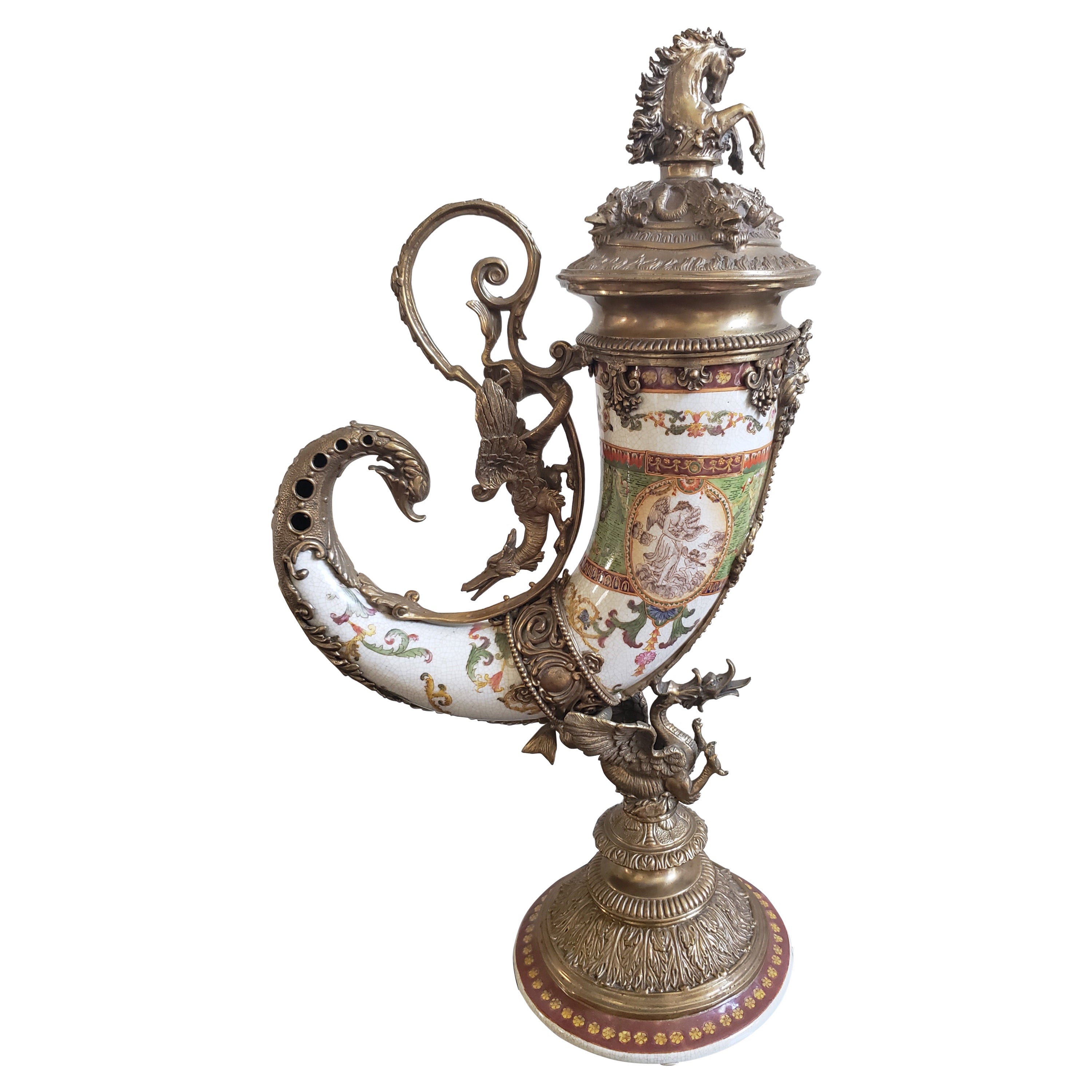 1895 Sevres Style Porcelain and Ormolu Bronze Covered Cornucopia Urn Vase For Sale