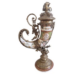 1895 Sevres Style Porcelain and Ormolu Bronze Covered Cornucopia Urn Vase