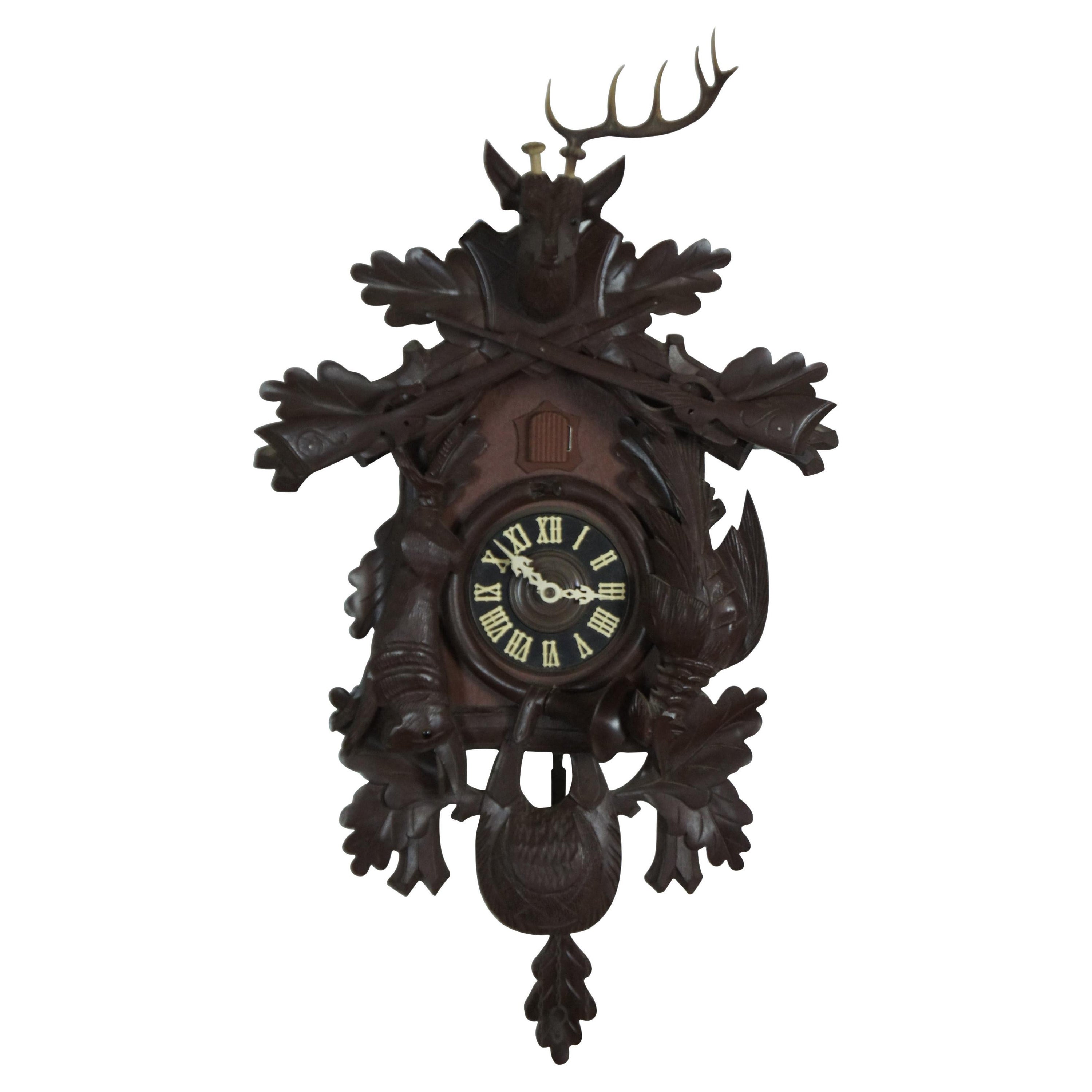 Vintage Black Forest Hunter Cuckoo Clock Regula German Deer Rabbit G.M. 8 Day