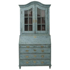 Swedish Rococo Style Bureau / Secretaire, Blue Painted