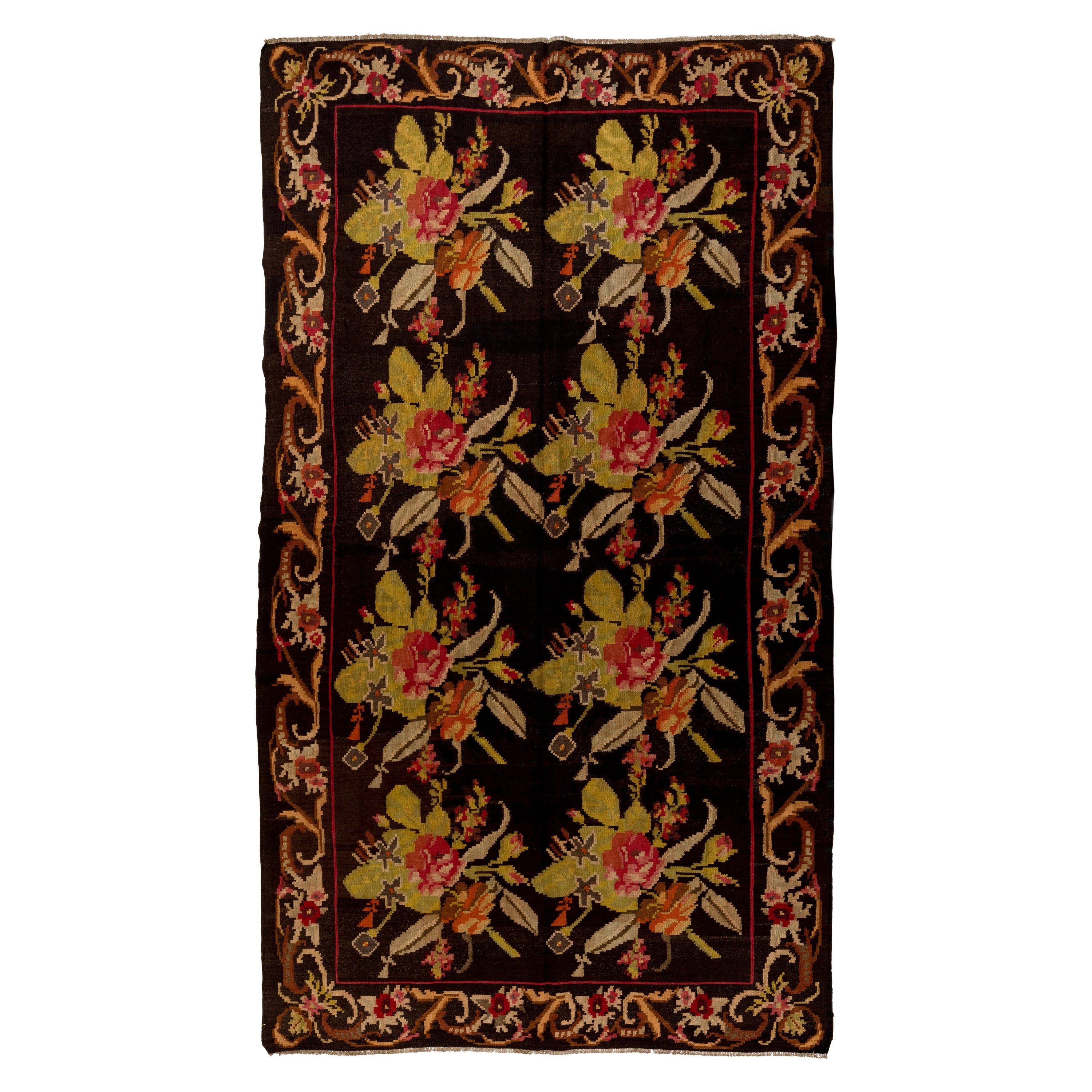 6.7x11.8 Ft handgewebter moldawischer Kelim mit floralem Design. Weinlese-Teppich aus Bessarabien