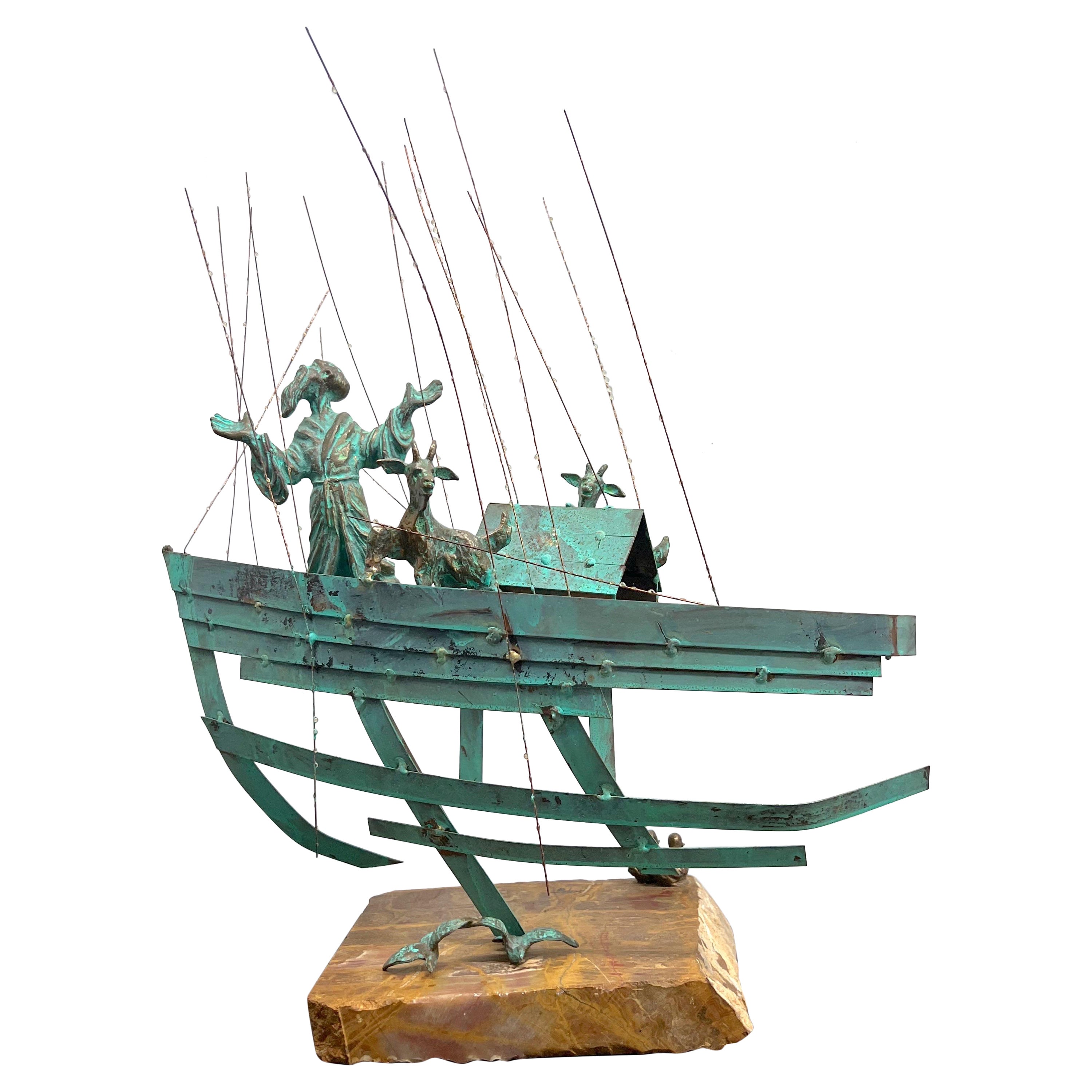 Bijan Signed Metal Art Sculpture of Man on Boat with Goats For Sale