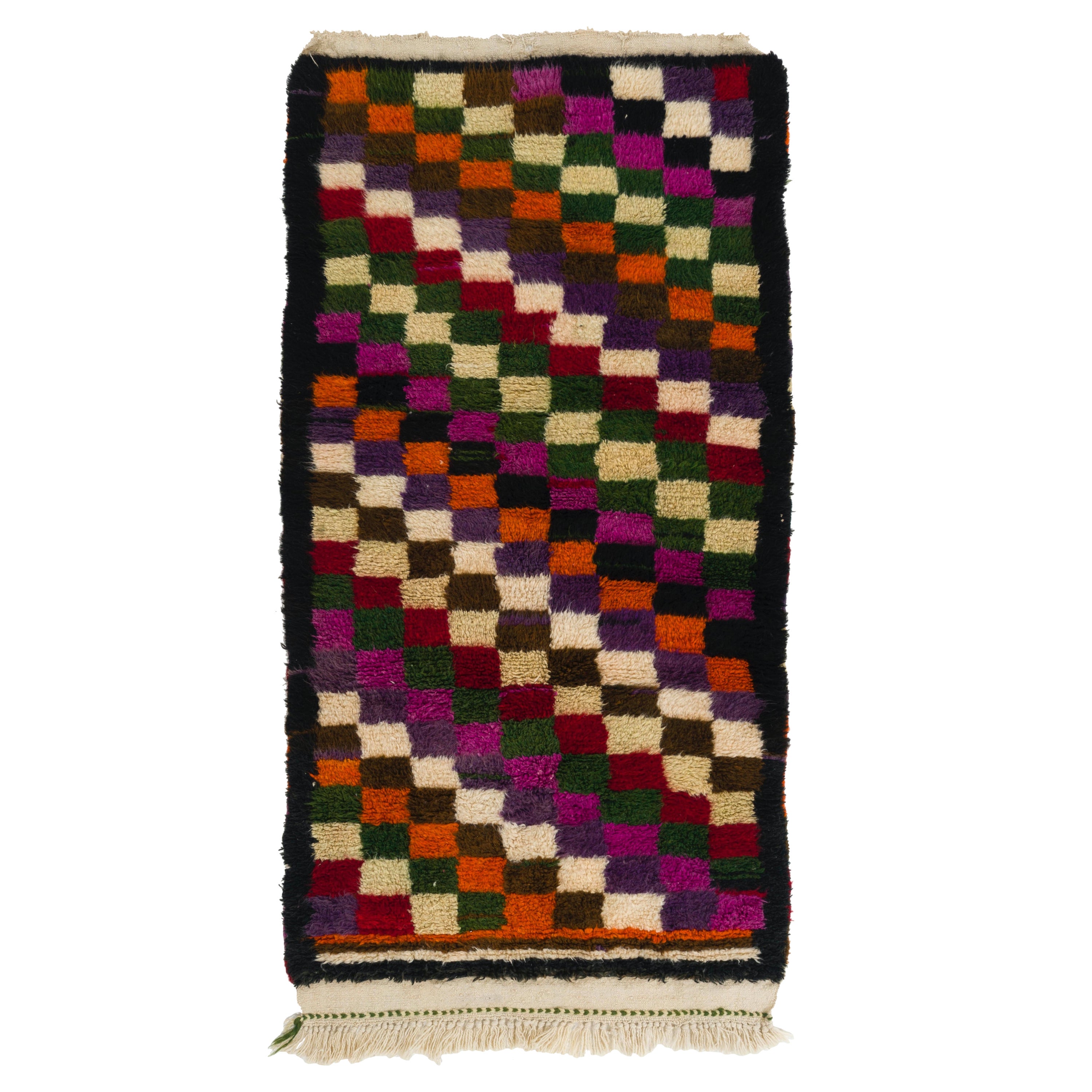4x7.6 Fuß Mehrfarbiger handgeknüpfter karierter Tulu-Teppich im Vintage-Stil. Weiche Wolle-Füllung im Angebot