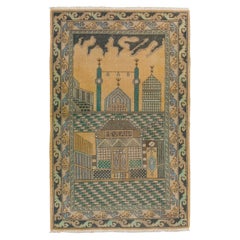3.5x5.4 Ft 1940s Pictorial Prayer Rug from Konya. Inscribed as MEVLANA Rumi Poet