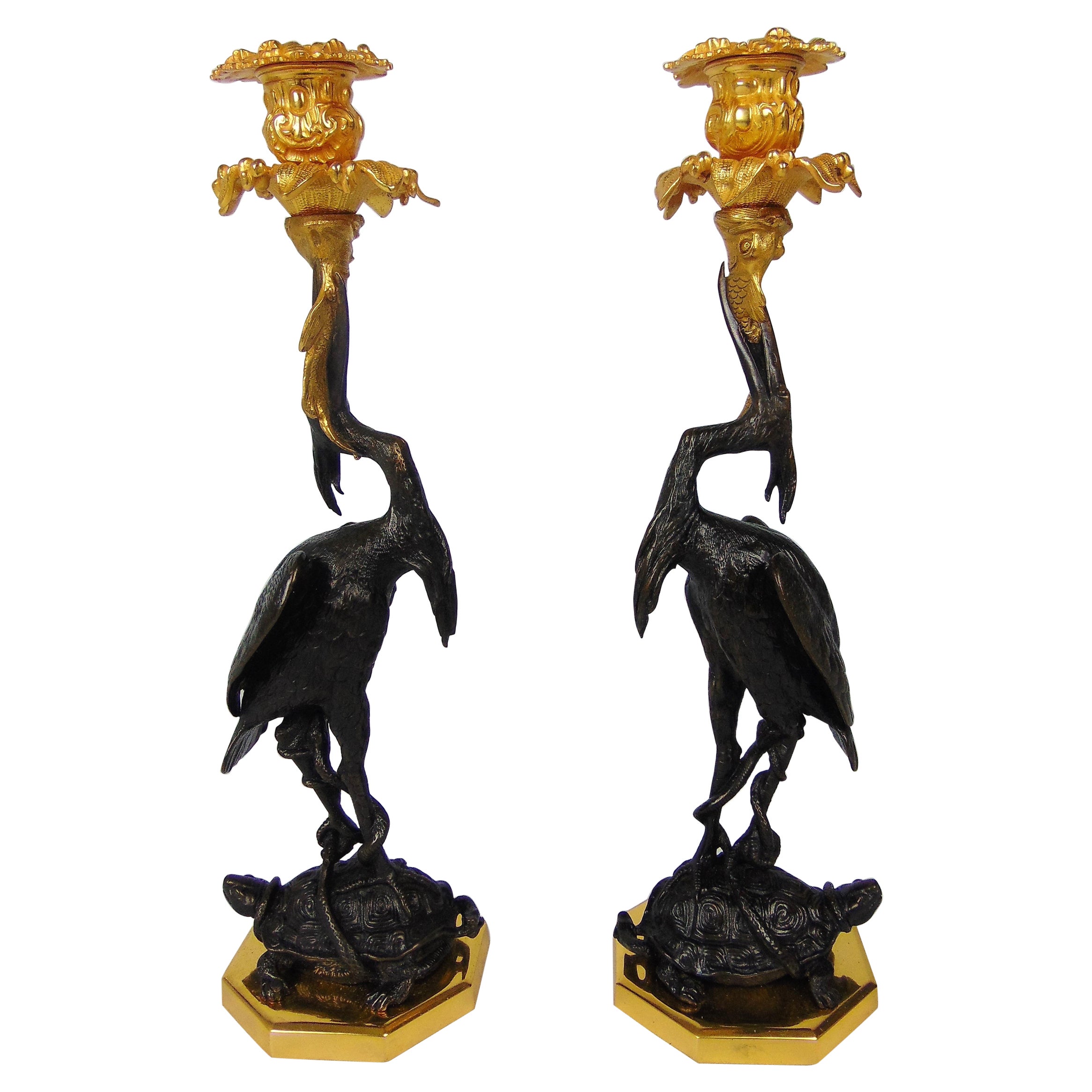 Antique Pair of Crane Bronze Candlesticks with Carp Mounted on Turtles