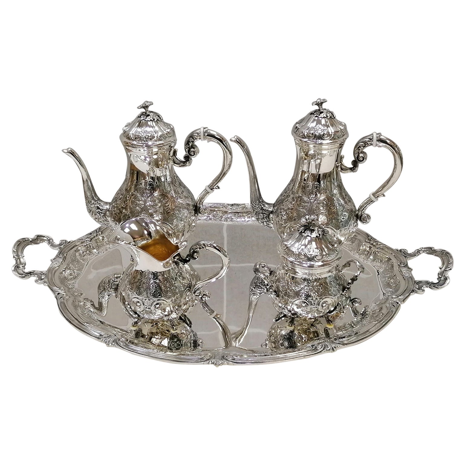 20th Century Italian Baroque Sterling Silver Engraved Tea-Coffeeset with Tray For Sale