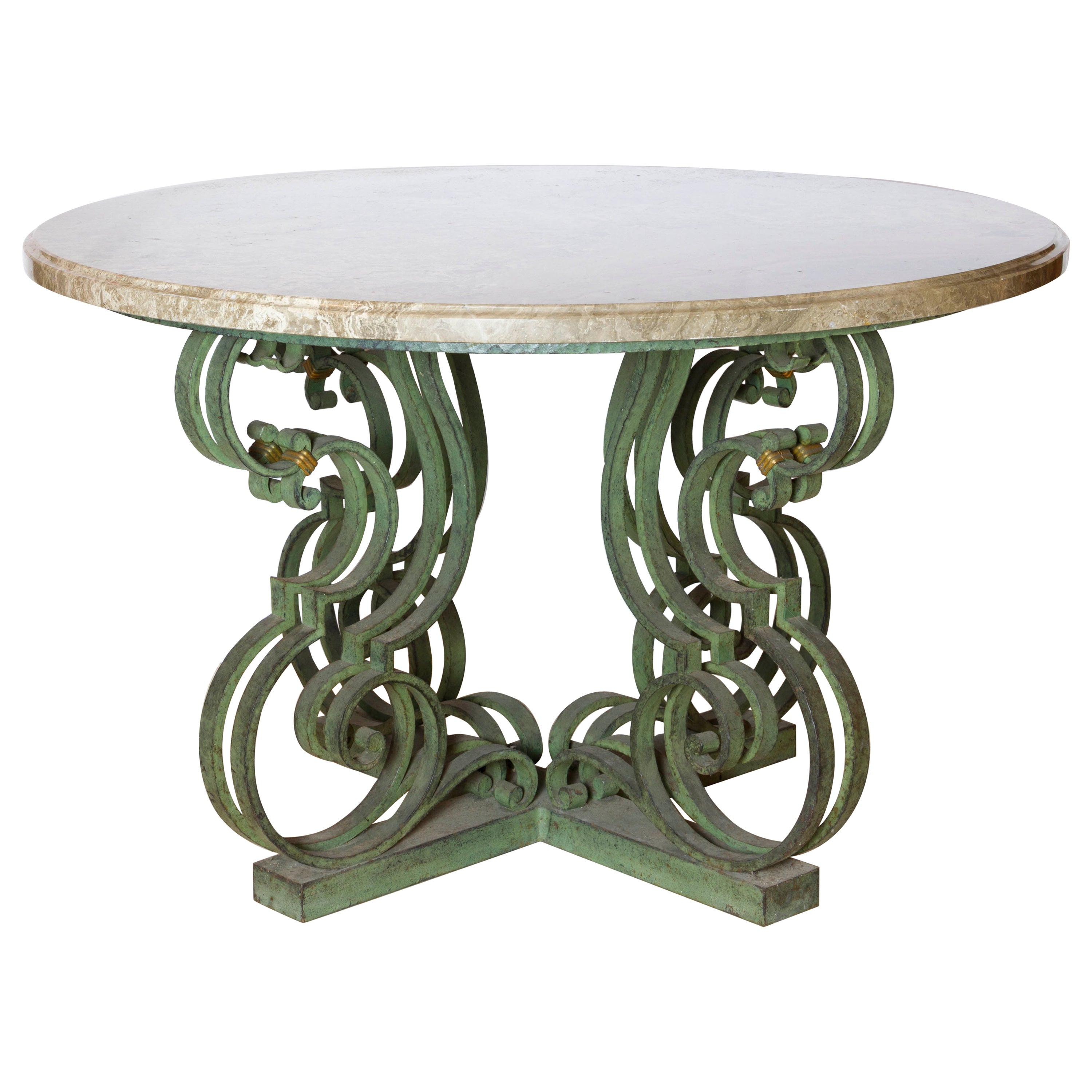 Table Art Déco française Raymond Subes en fer forgé avec plateau en marbre 