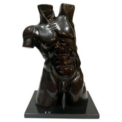 Signed R. Rodriguez Bronze Nude Male Torso Sculpture on Marble Base
