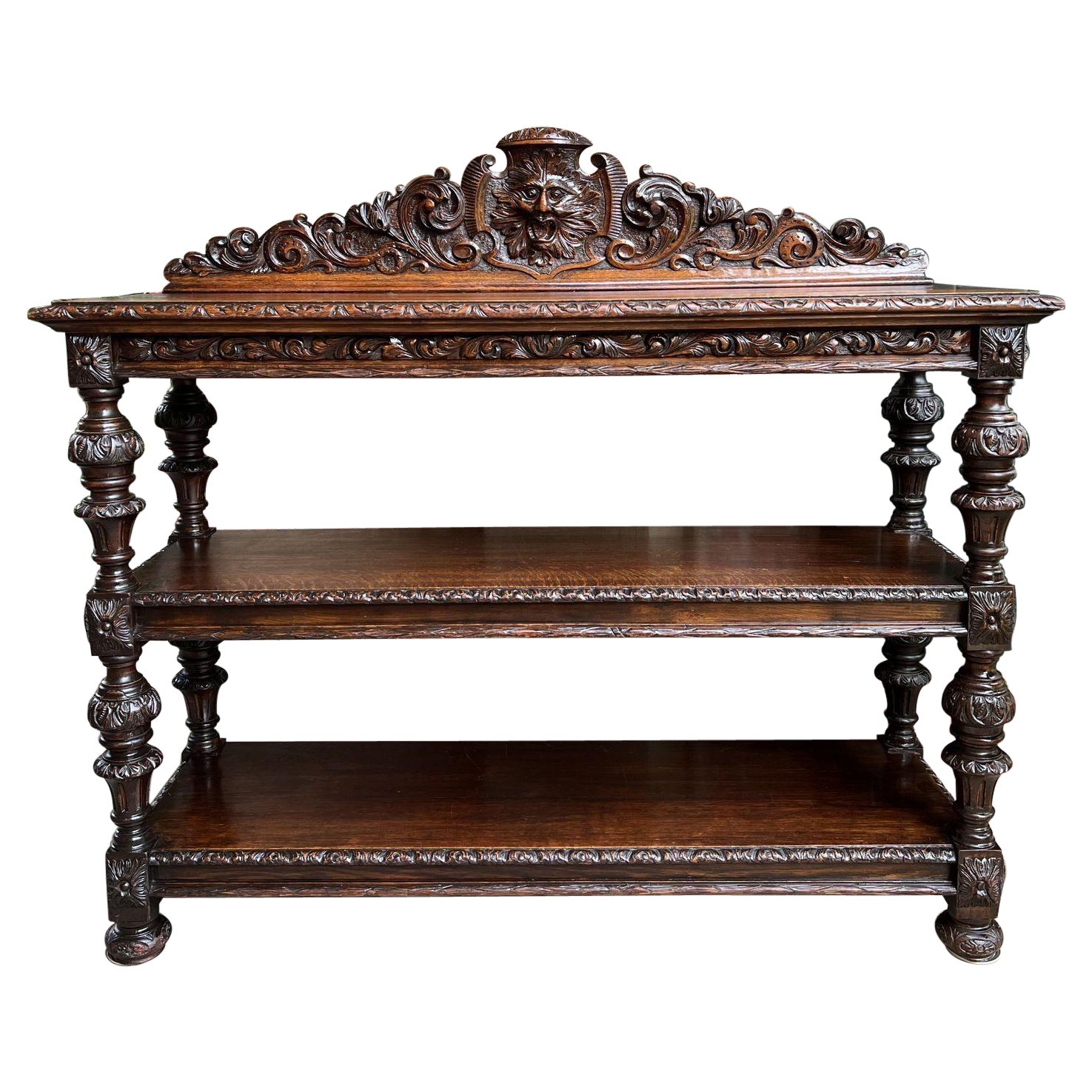19th Century French Carved Oak Sideboard Server Table Renaissance Bar Shelf