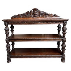 Antique 19th Century French Carved Oak Sideboard Server Table Renaissance Bar Shelf