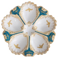 Antique French Teal Gilt Oyster Plate, circa 1900