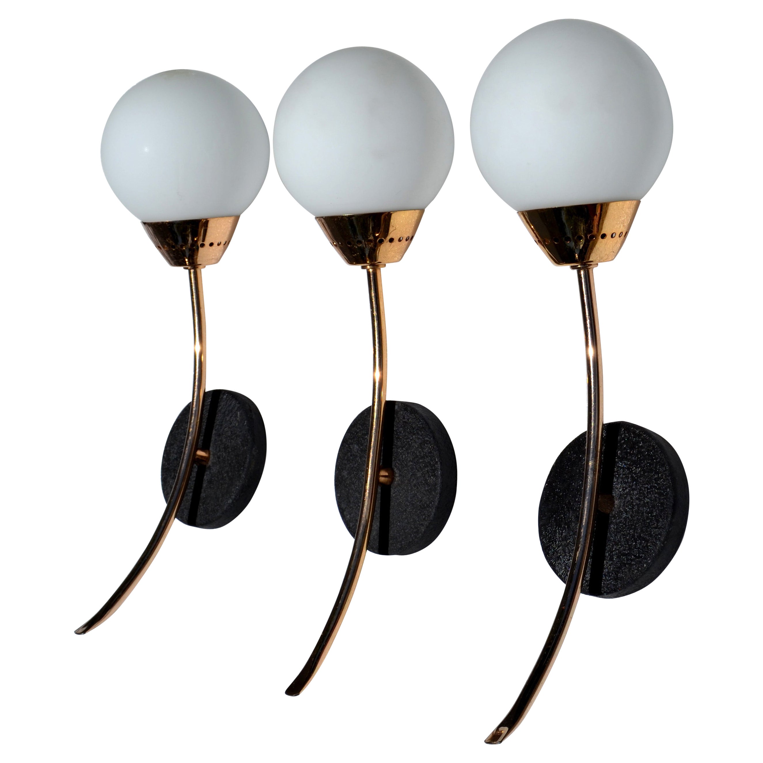 Set of 3 Sconces Style of Stilnovo Brass & Round Blown Opaline Shade France 1960 For Sale