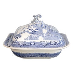 19th Century English Blue Willow Square Serving Dish Lidded Tureen