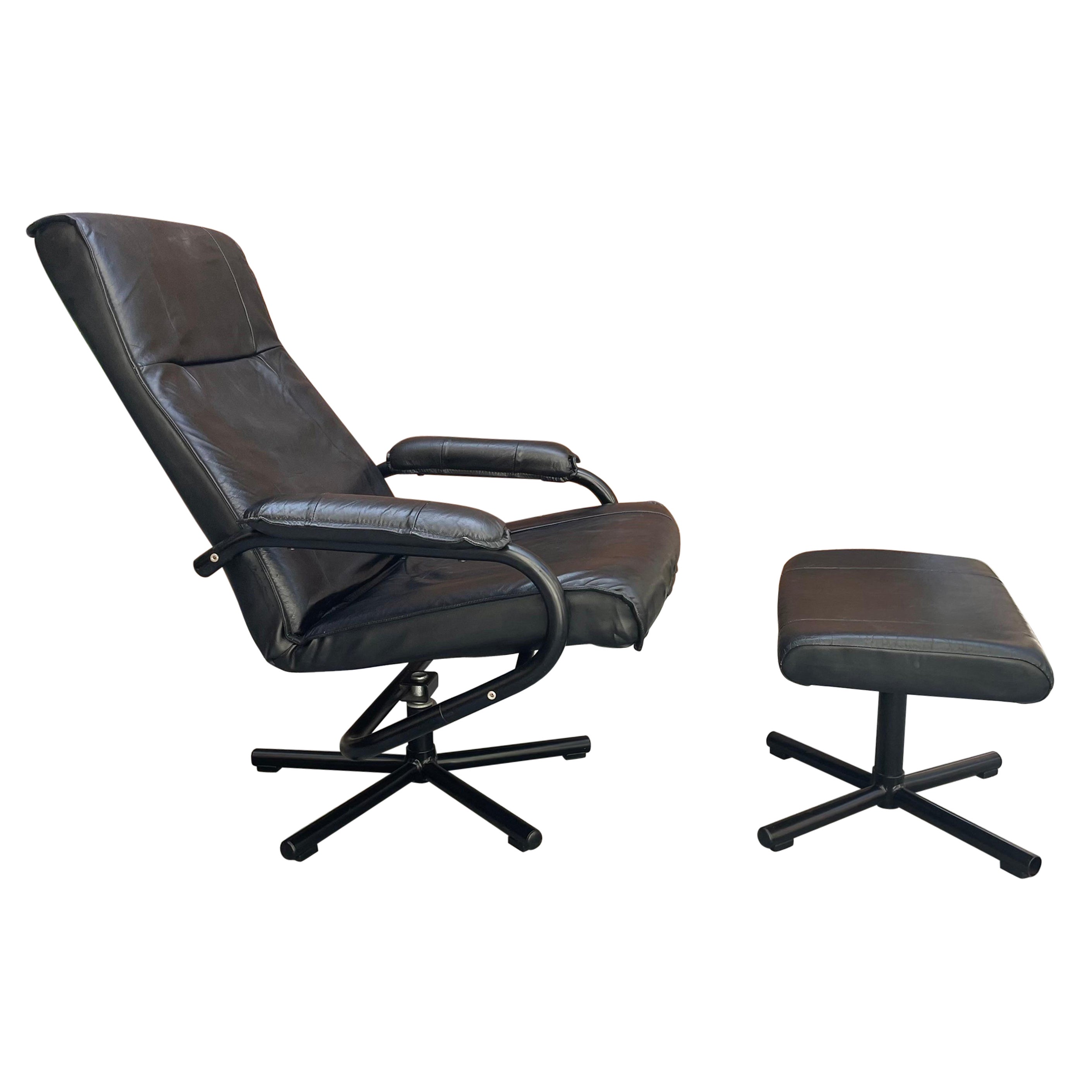 Vintage Danish Modern Leather Lounge Chair with Ottoman by Kebe 'Pair Available' For Sale