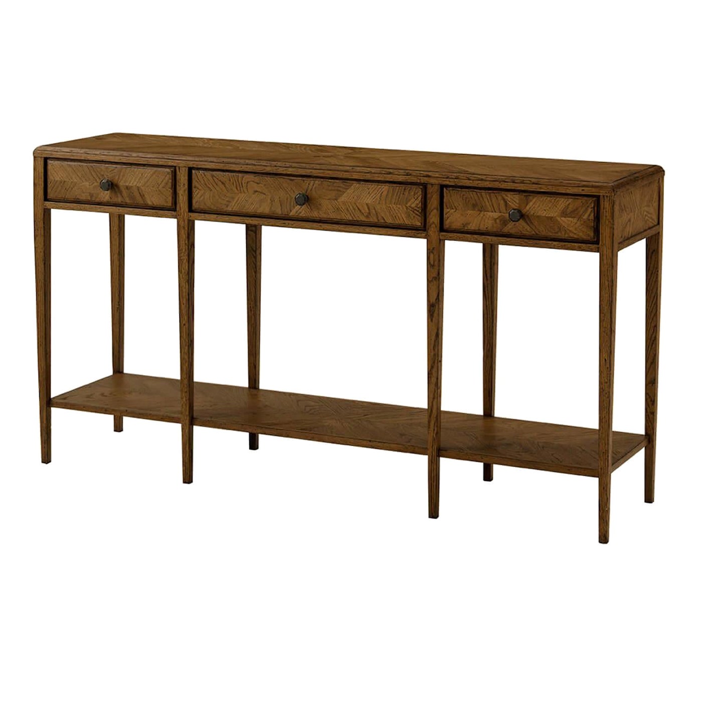 Oak Parquetry Two Tier Console Table, Dark For Sale