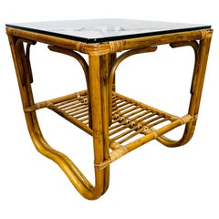 1960s Rattan and Glass Top Side Table