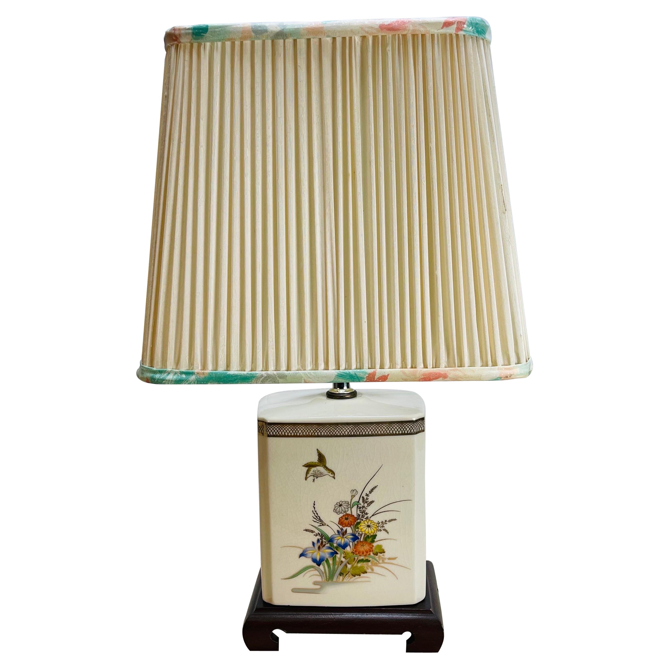 1980s Floral Ceramic Asian Style Table Lamp with Shade For Sale