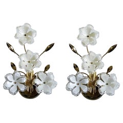 Pair of Italian Mid-Century Brass and Murano Glass Flowers Wall Sconces, 1960s