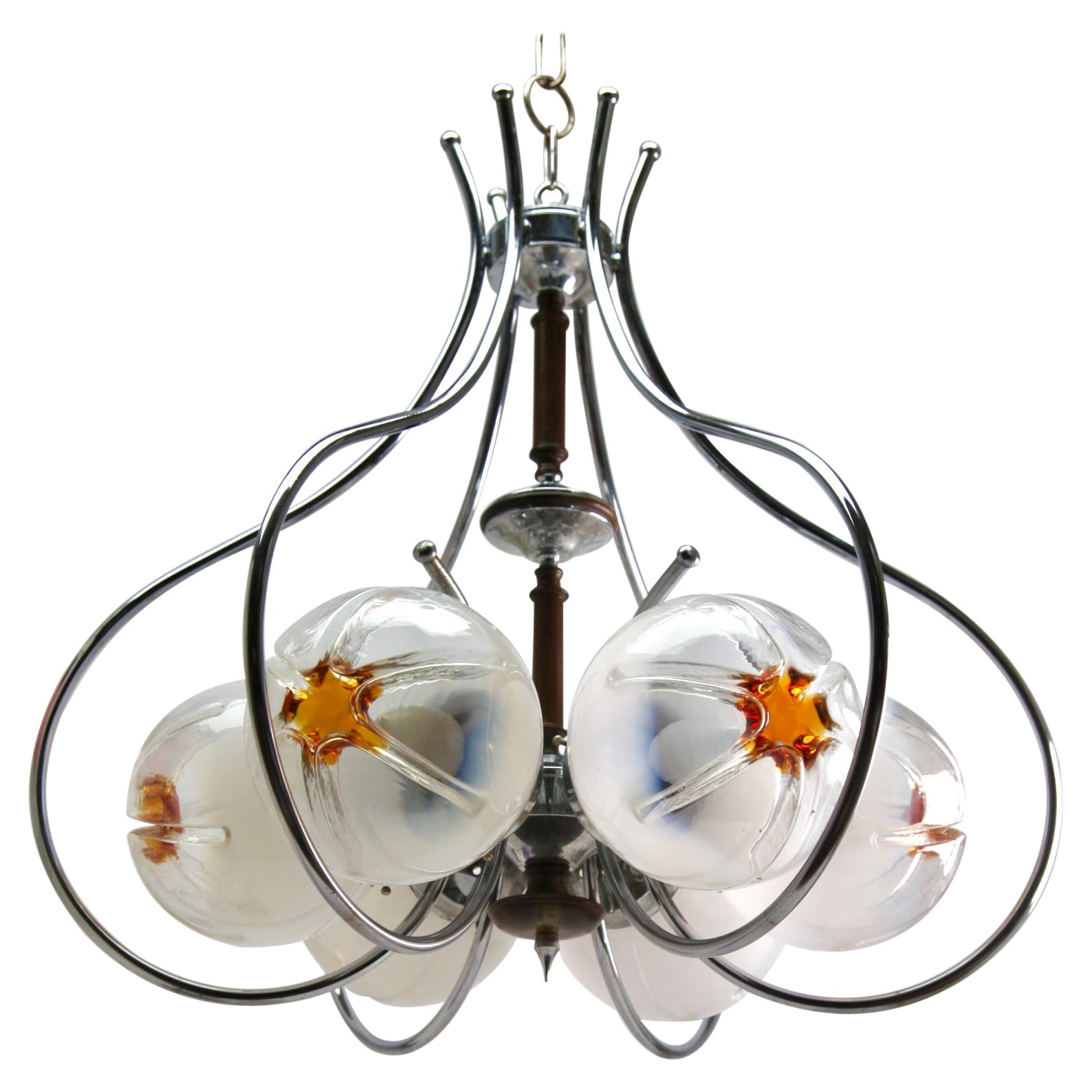 Pendant by Mazzega of Clear Glass with Orange Inclusions and Wooden Detail
