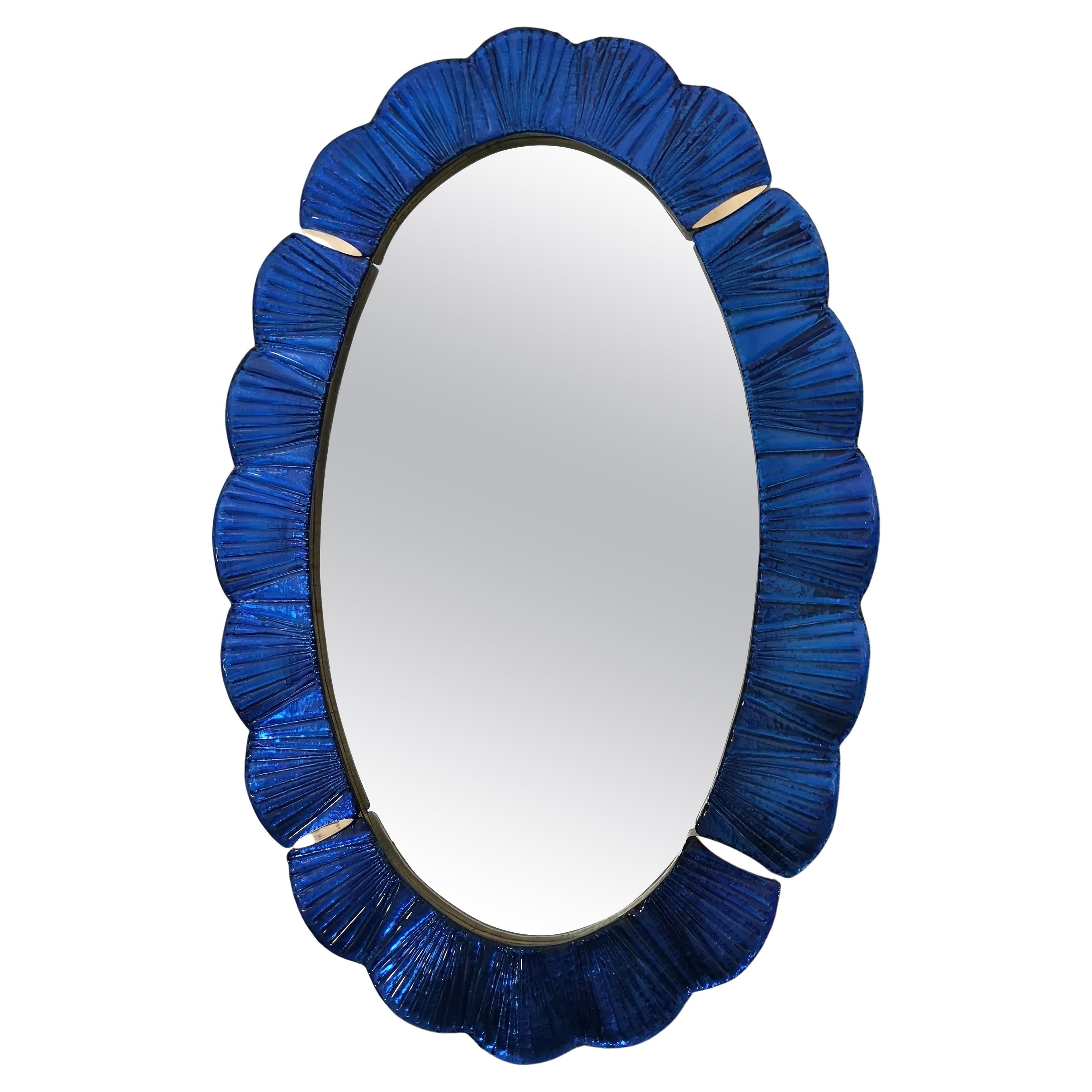 Murano Blu Glass and Brass Wall Mirror, 1990