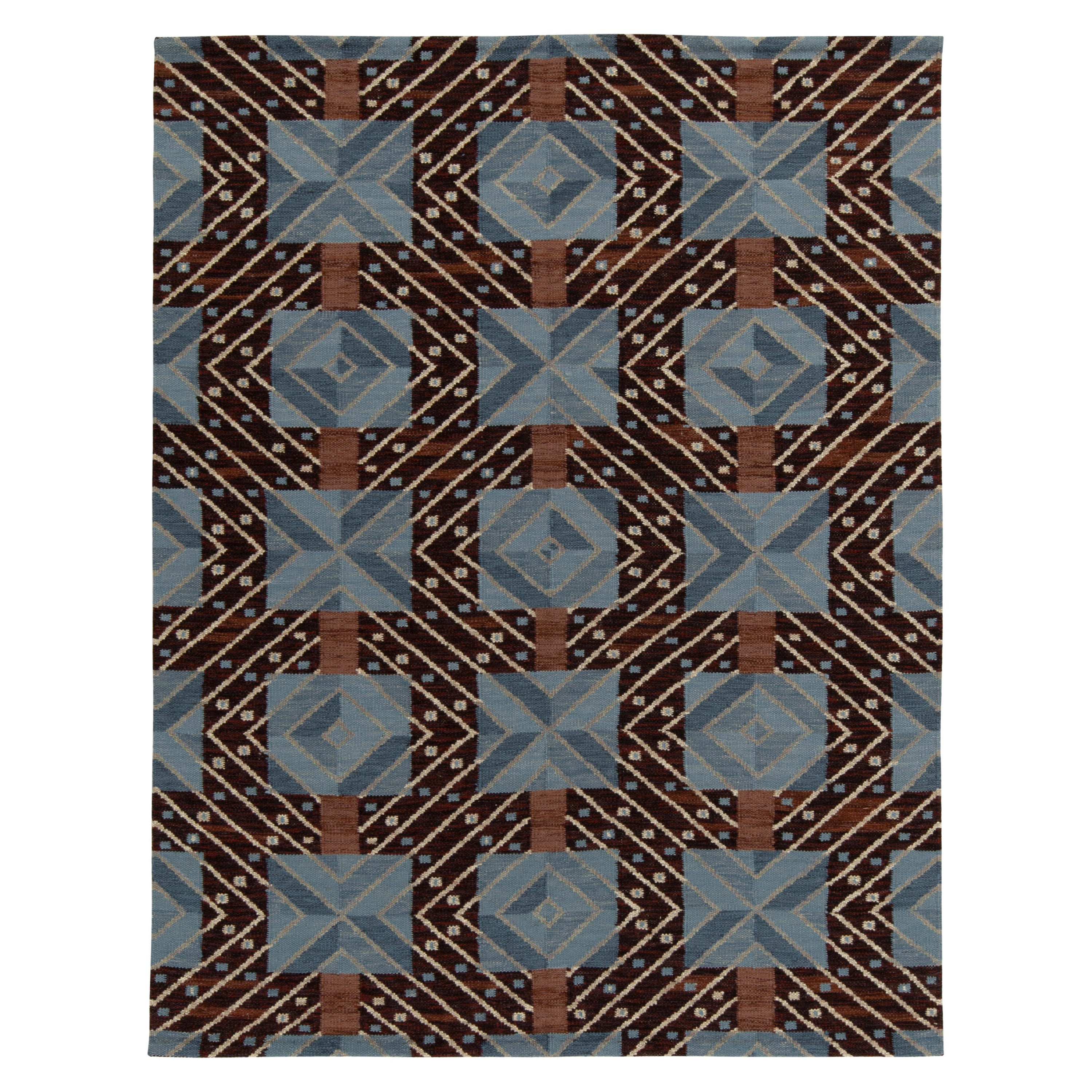 Rug & Kilim’s Scandinavian Style Kilim in Blue & Brown Geometric Pattern