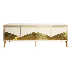Ivory Glass and Brass Sideboard with Emerald Green Murano Glass Spheres, Italy