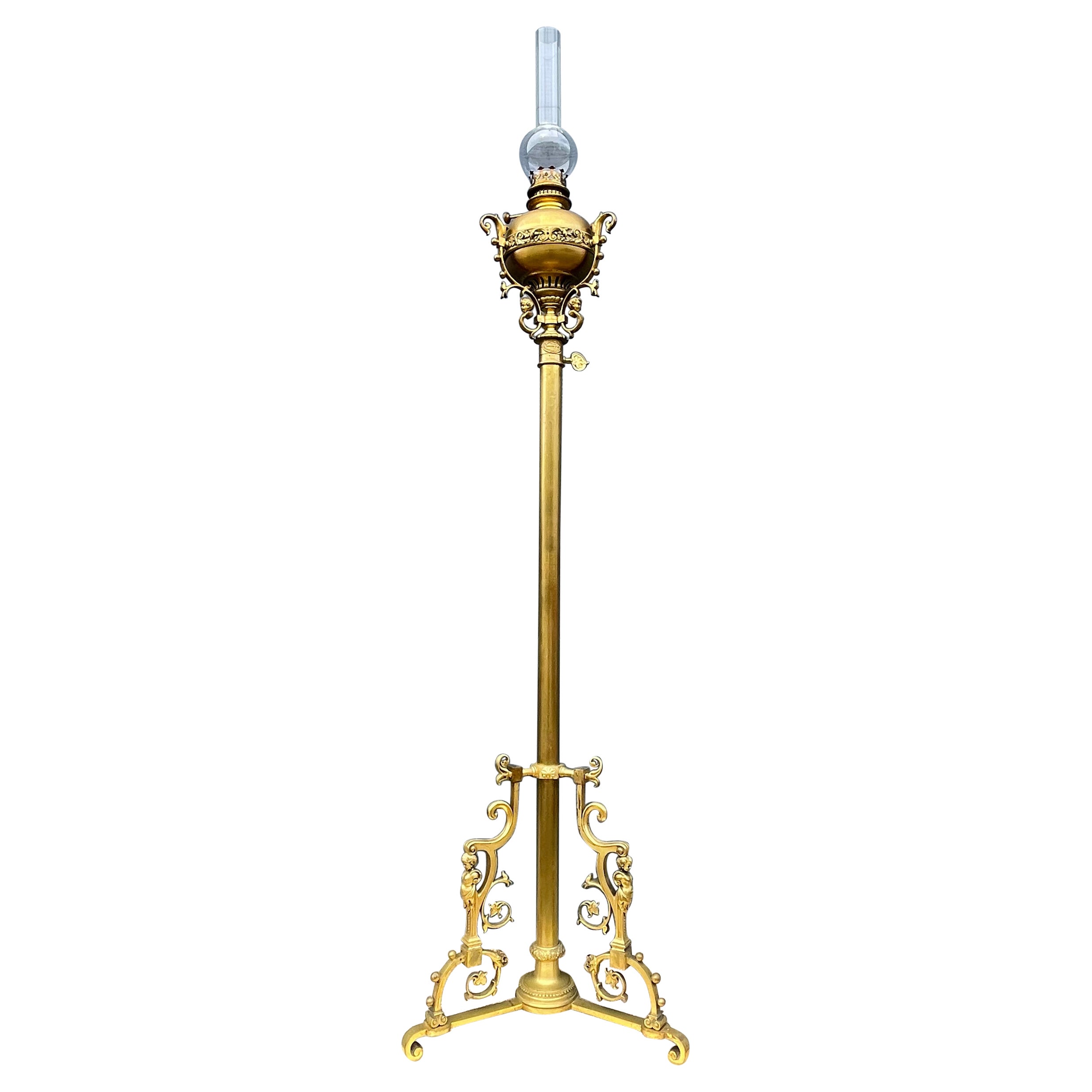 Stunning 19th Century Empire Revival Bronze & Glass Oil Floor Lamp By H. Luppens