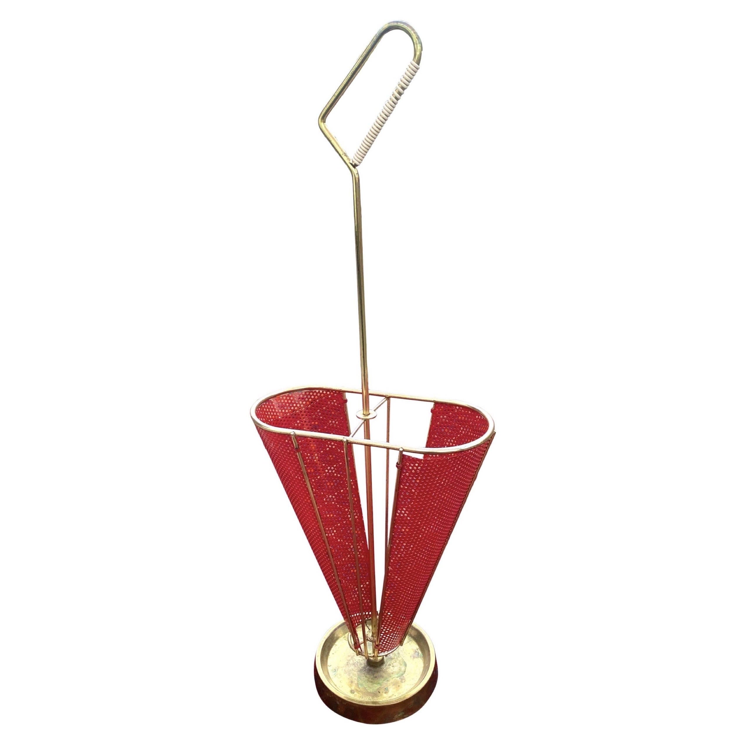 MidCentury Modern Brass Umbrella Stand with Red Details by Walter
