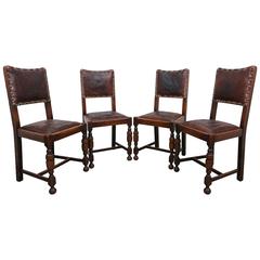 Antique 19th Century Set of Four English Oakwood Dining Chairs with Leather