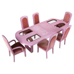 Post-Modern Oak, Velvet and Glass Dining Set Restored in Cerused Pink, 1980s