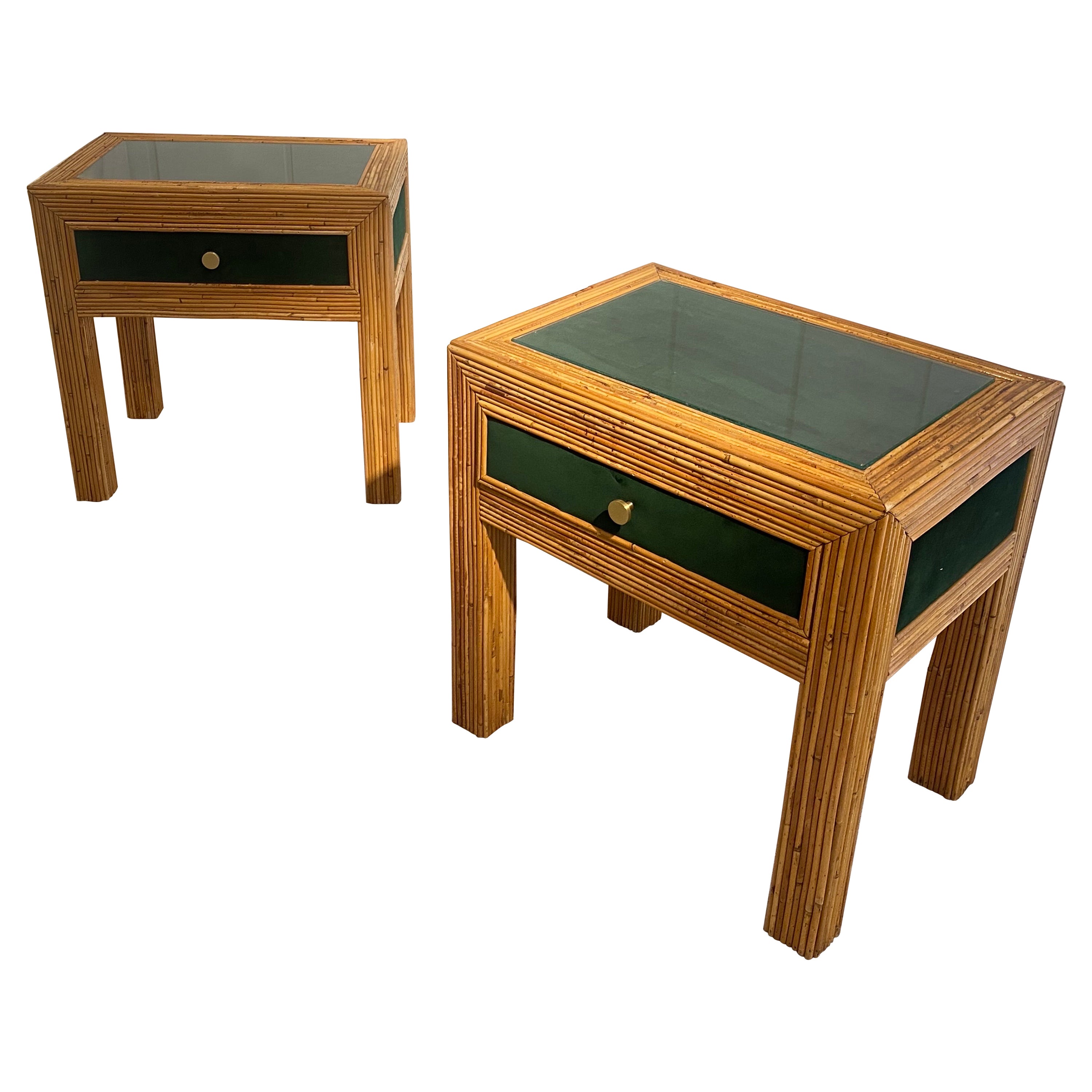 Pair of Bedside Tables In Rattan And Velvet, Italy 1970
