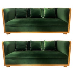  Pair of Rattan and Green Velvet Sofas, Italy, 1970